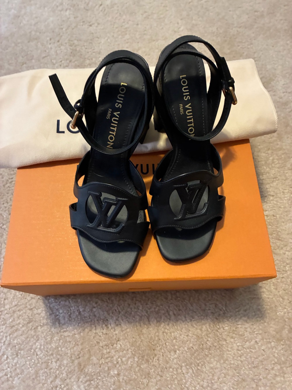 Louis Vuitton Black Cutout Logo Leather Heels